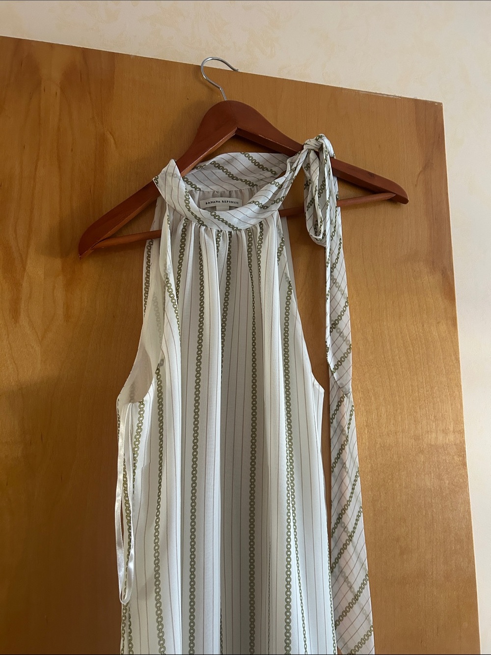 Banana Republic White Sleeveless Pleated Camisole with Olive Chain Stripes